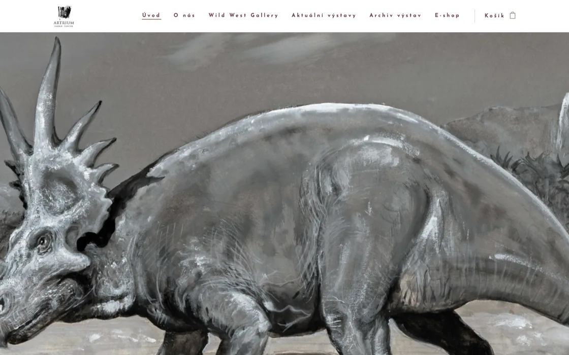 Náhled webu Galerie Artrium Zlín: v záhlaví logo galerie a menu, na úvodní ploše velkoformátová kresba dinosaura.